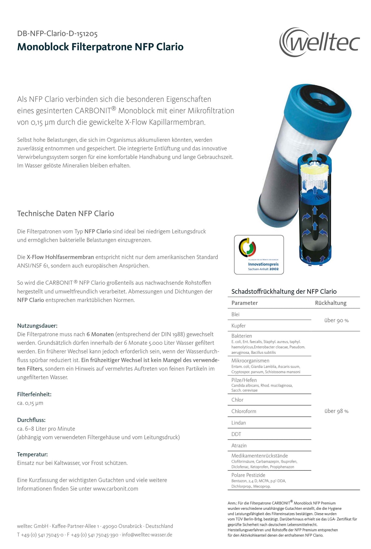 Datenblatt zur Monoblock Filterpatrone NFP Clario