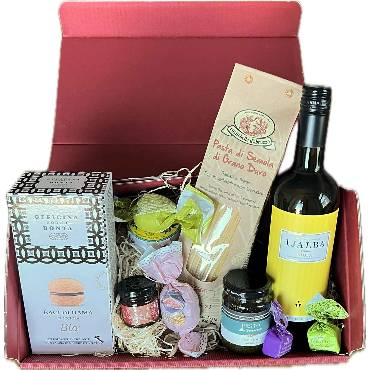 Unsere Genussbox mit einem weissen Rioja und verschiedenen Spezialitäten