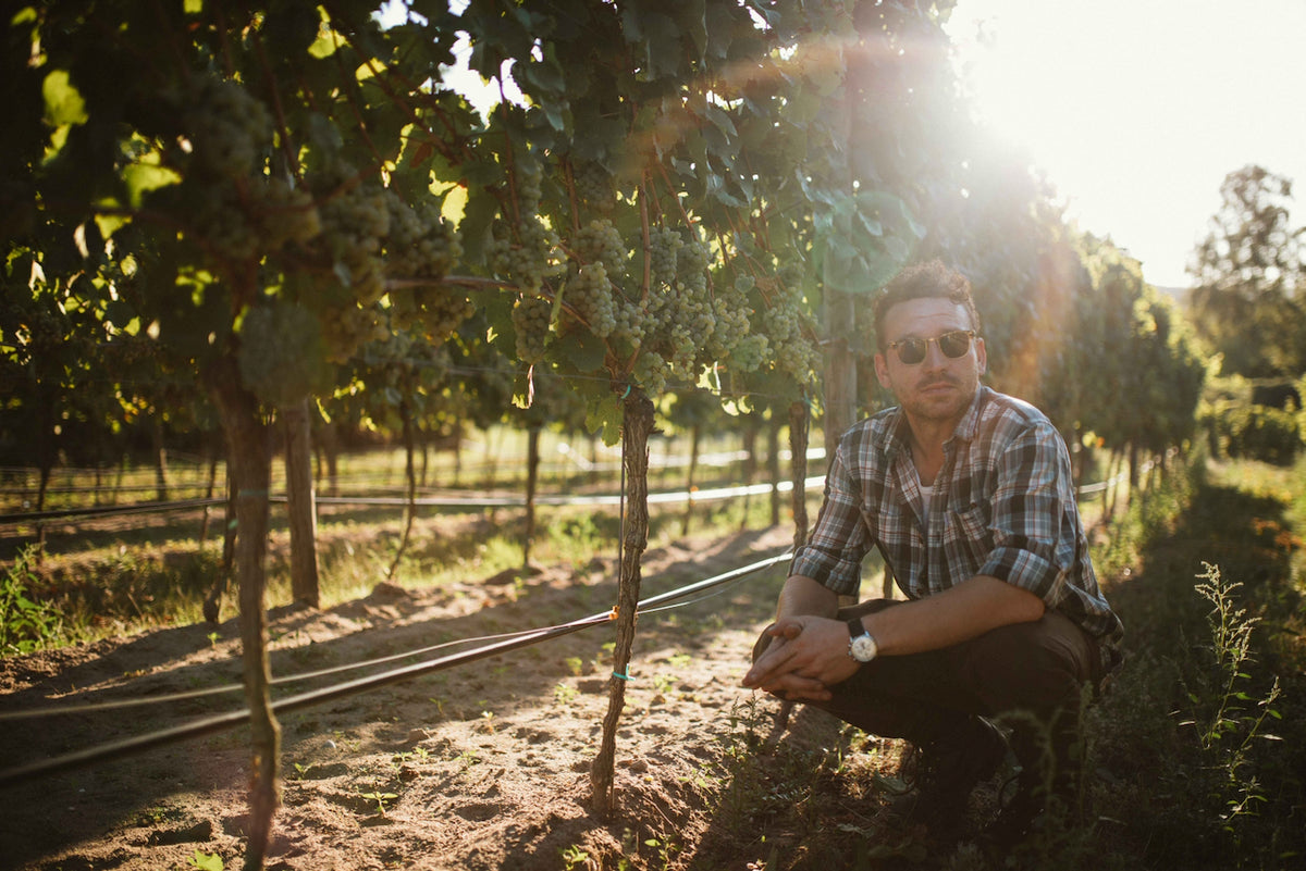Vicent Eymann in seinem Weinberg kniend