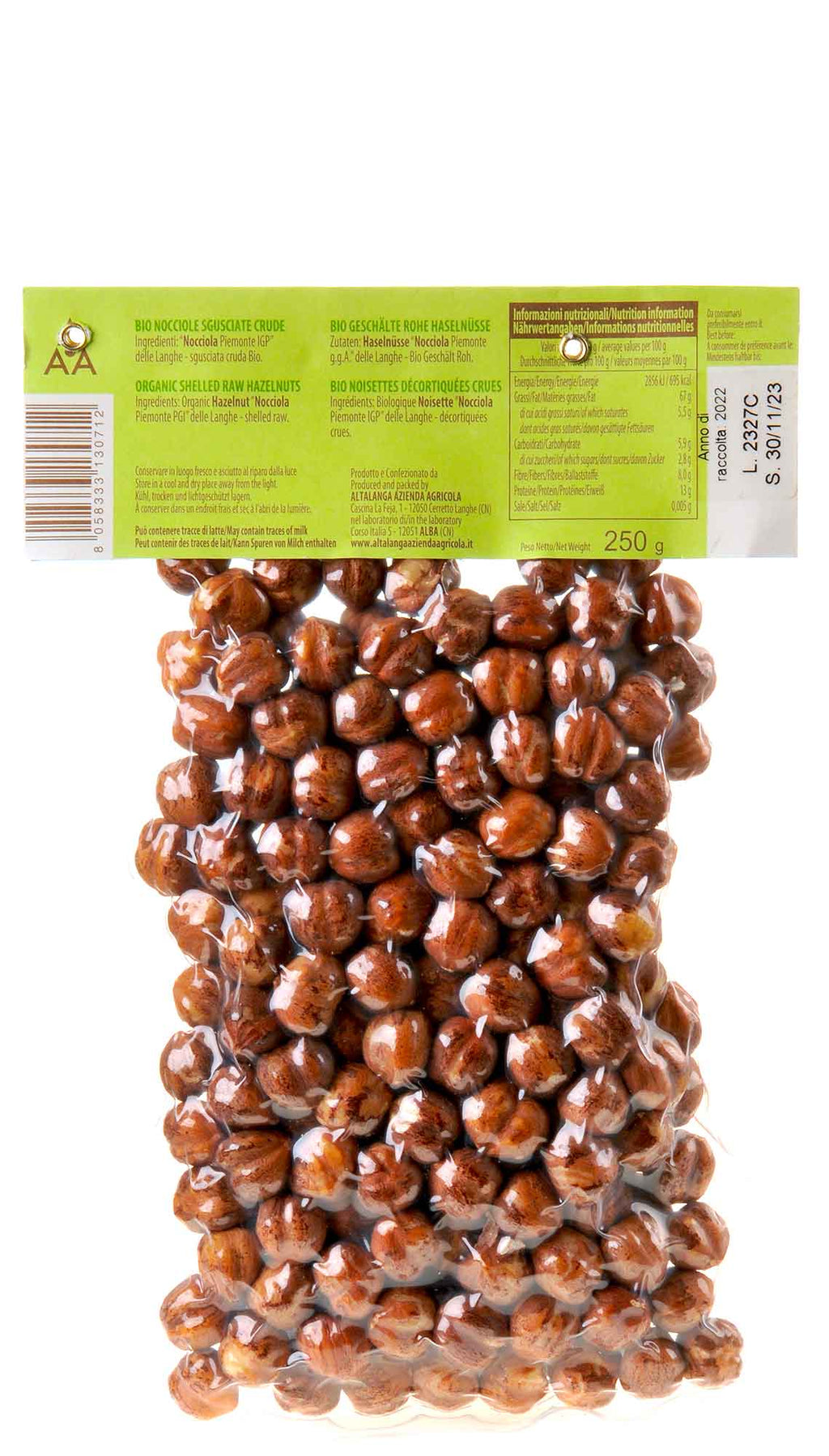 Altalanga azienda agricola Piemonteser Haselnüsse roh Vakuum verpackt Bio 250g Rücketikett