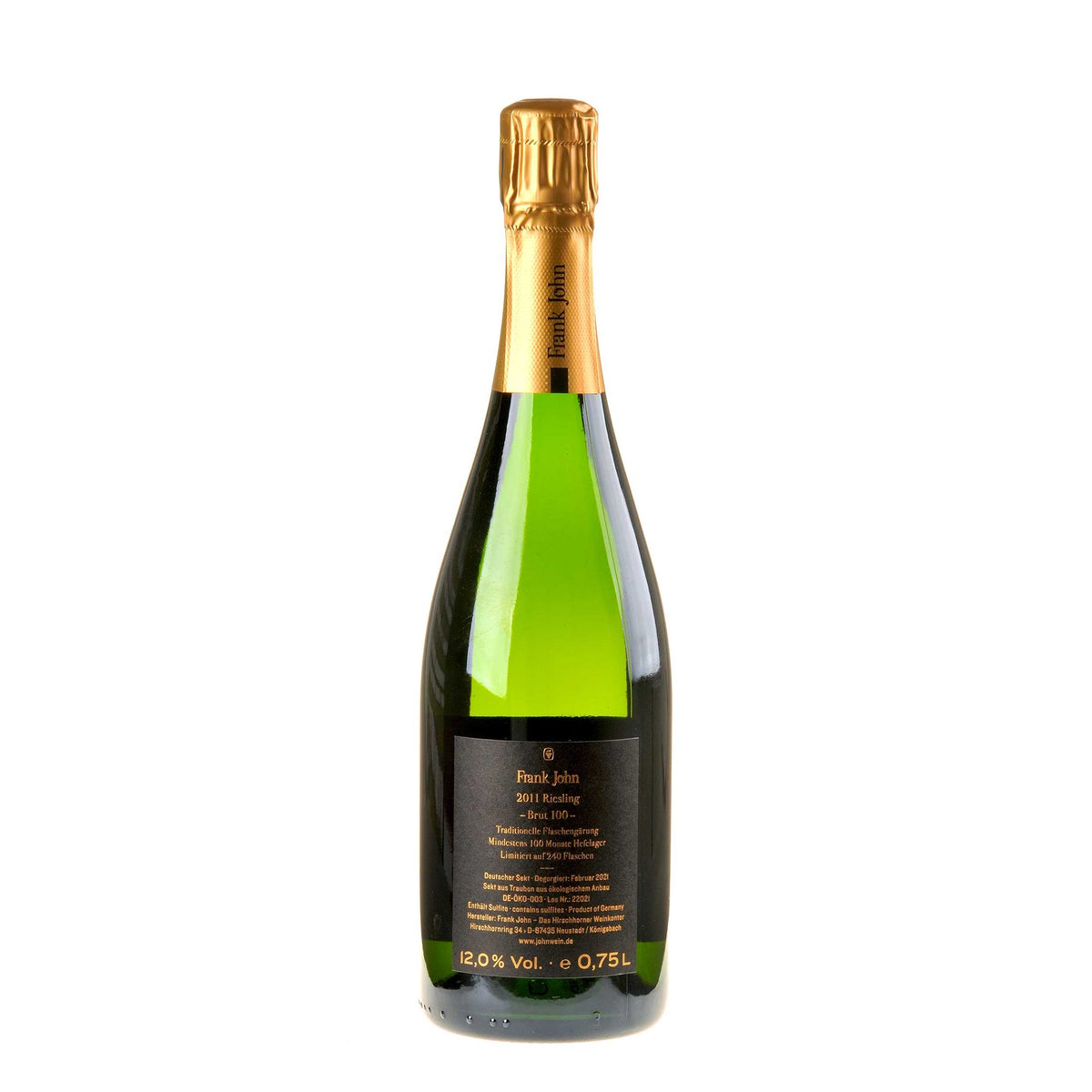 Frank John Riesling Brut 100 Mon. Hefelager Bio 2011 Rücketikette