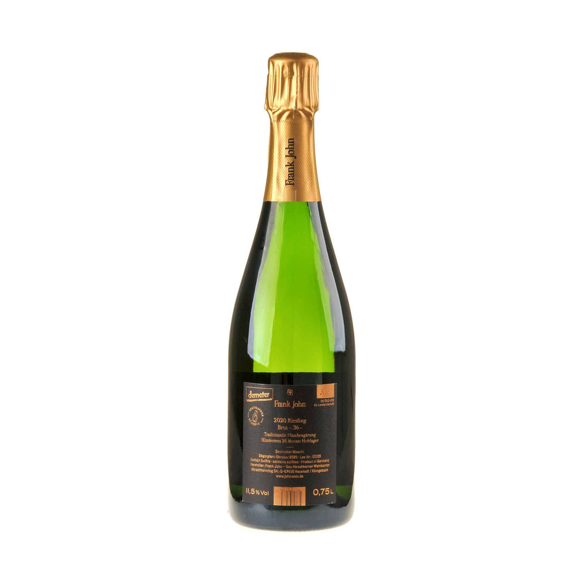 Frank John Riesling Brut min. 36 Mon. Hefelager Bio 2020 Rücketikett