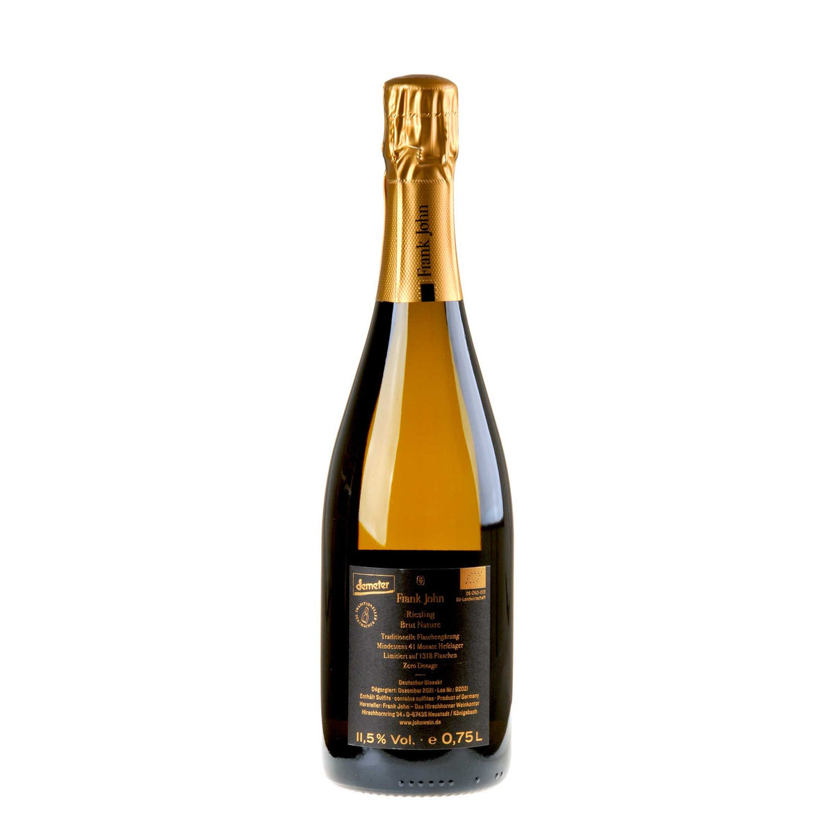 Frank John Riesling Brut min. 41 Mon. Hefelager Bio Rücketikett
