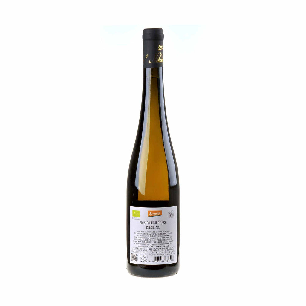Nikolaihof Riesling Baumpresse im Weingebirge 2015 Rücketikett