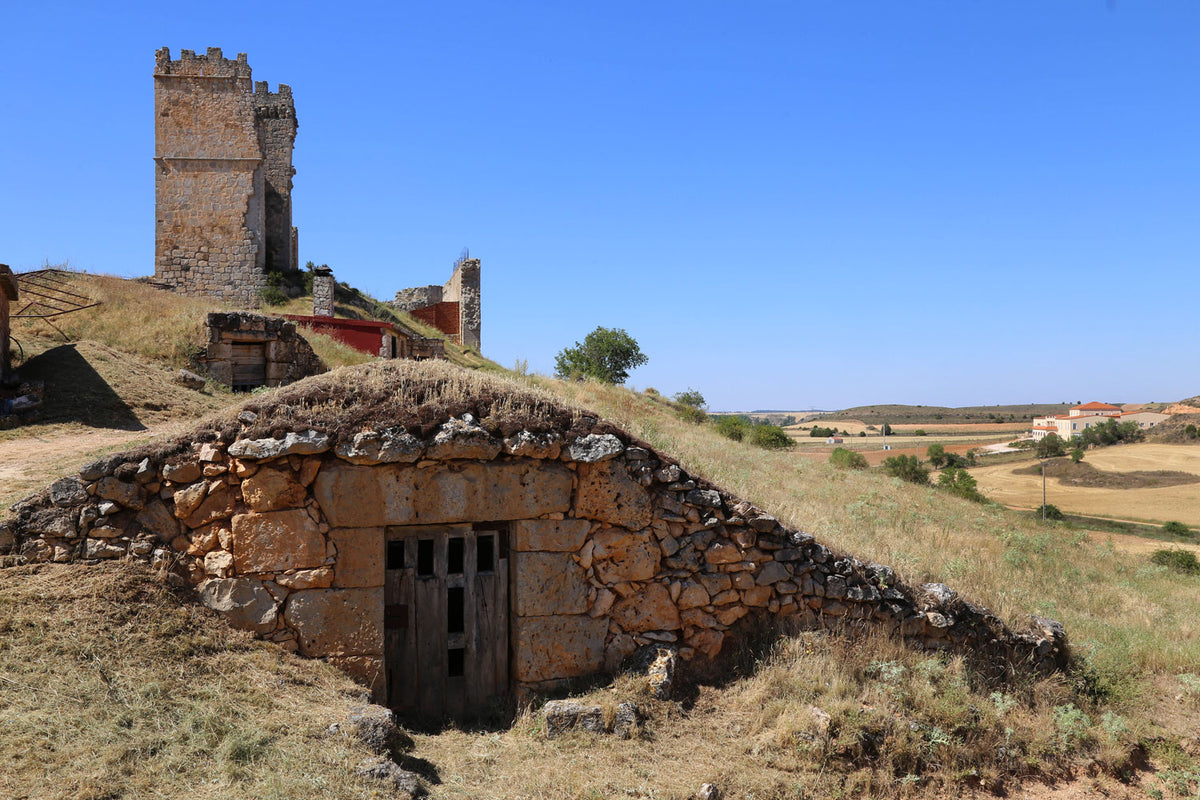 Burgruine Castillo de Coruña del Conde mit Erdkeller unmittelbar neben dem Weingut Ermite del Conde rechts